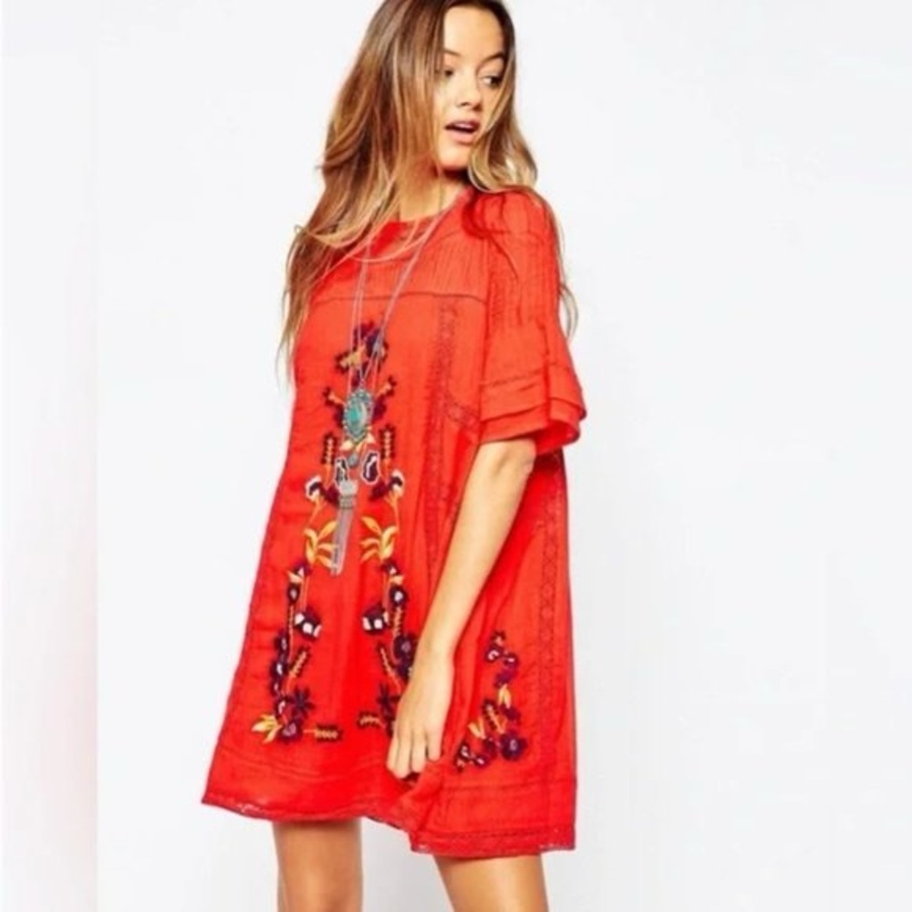 Free People Vibrant Orange  Embroidered Mini Dress
